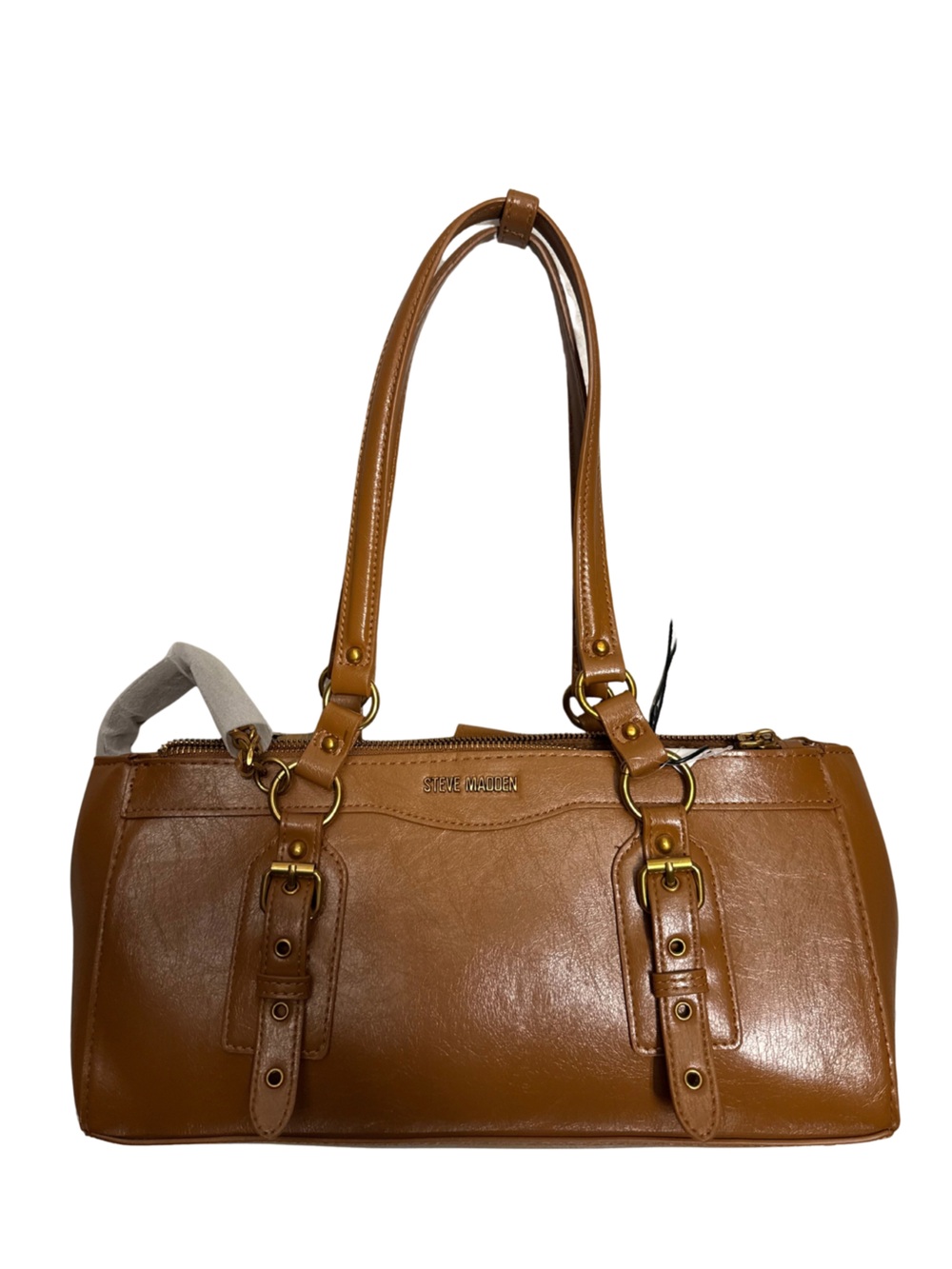 Steve Madden Cognac Brown Shoulder Tote with Gold Hardware